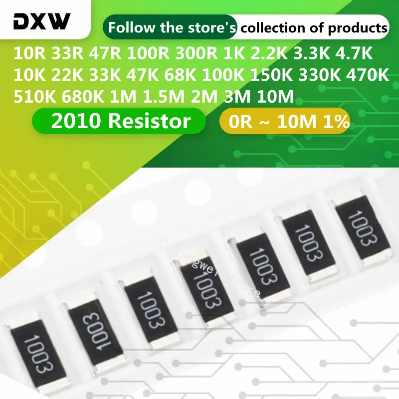 50pcs 2010 Resistor 0R ~ 10M 10R 33R 47R 100R 300R 1K 2.2K 3.3K 4.7K 10K 22K 33K 47K 68K 100K 150K 330K 510K 1M 2M 3/4W 1%