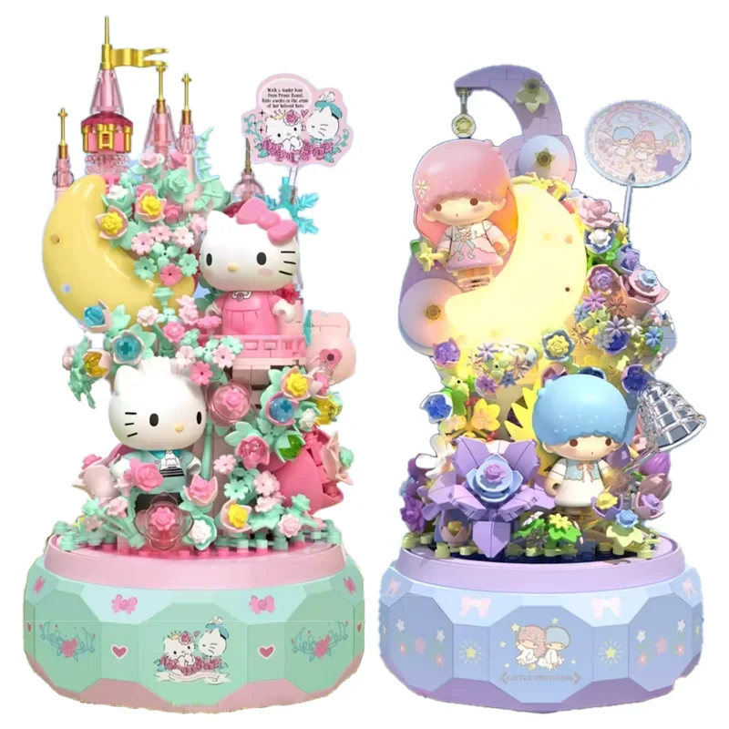 

Строительные блоки Sanrio Kitty Little Twin Stars, музыкальная шкатулка, украшение для рабочего стола, головоломка, сборка модели, игрушки, подарки на день рождения для детей