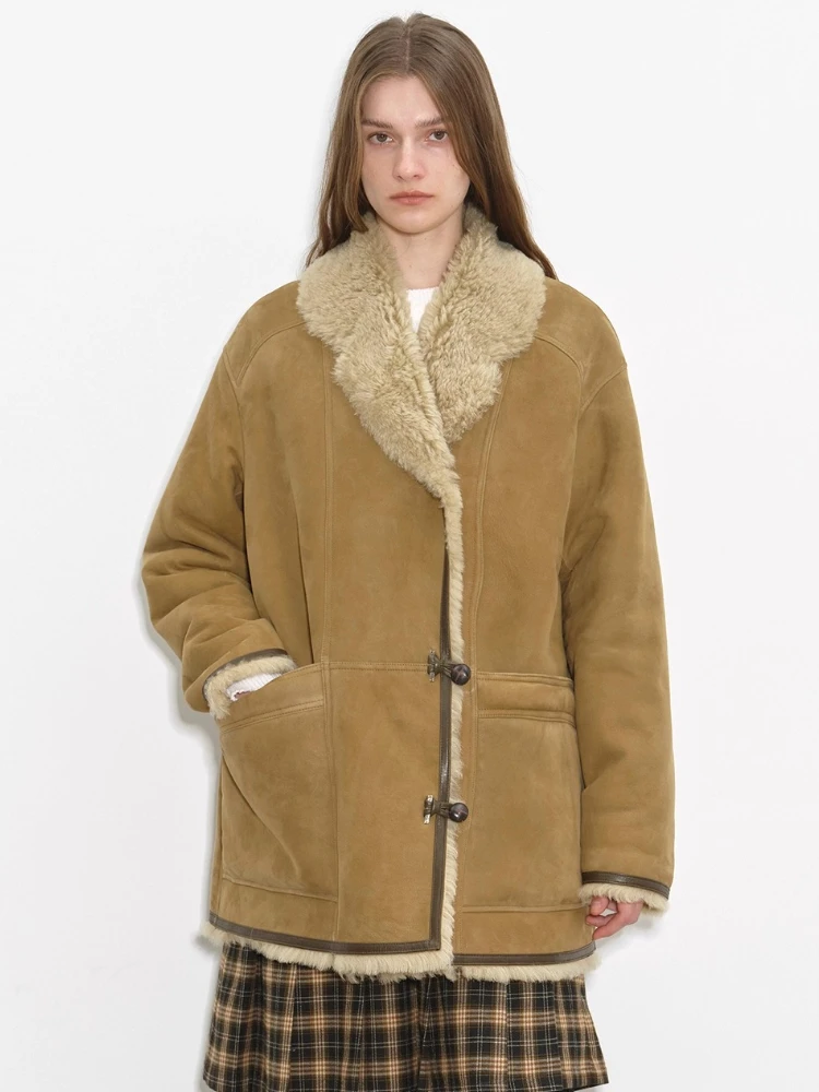 

High-end Luxury Merino Sheep Fur Winter Suede Jackets for Women 2026 New Simple Vintage Mid-length Genuine Leather Real Fur Coat