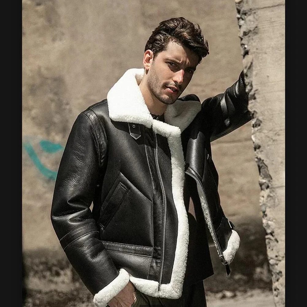 Denny&Dora Men's Shearling Jacket Imported Merino Sheepskin Jacket Black Leather Jacket