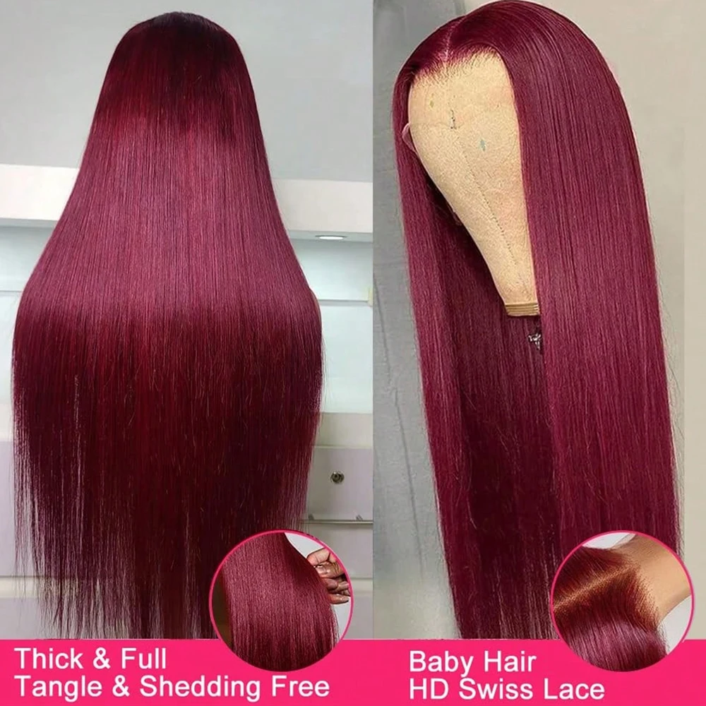 34 بوصة 99j بورجوندي الباروكات شعر الإنسان 13x4 HD الدانتيل أمامي باروكة من شعر طبيعي 250% الكثافة قبل قطعها مستقيم شعر مستعار أحمر اللون #3