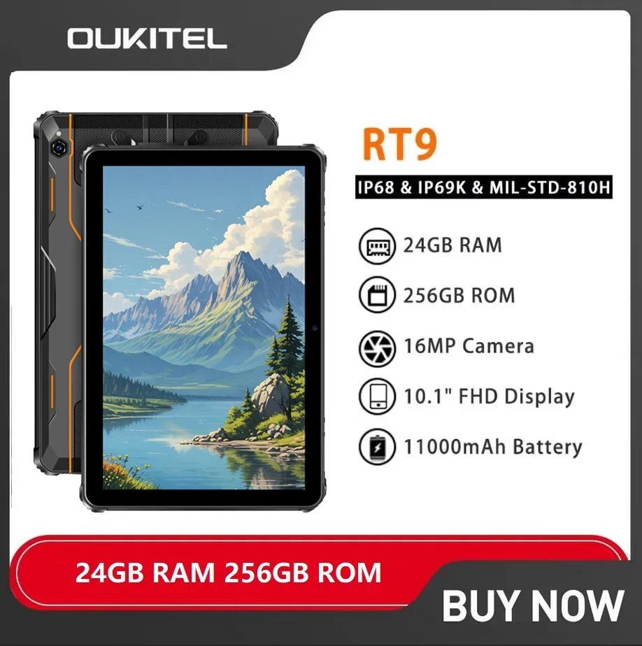 

Прочный планшет Oukitel RT9 4G, 10,1-дюймовый HD-дисплей, 24 ГБ ОЗУ, 256 ГБ ПЗУ, IP68 и IP69K, водонепроницаемый планшет, аккумулятор 11000 мАч, Android 14,0 Pad