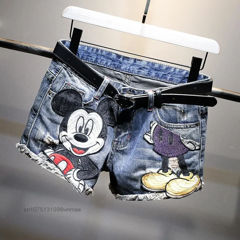 Disney Mickey Hip-hop Vintage Denim Shorts for Women In Summer New Korean Style Thin Slim Pants with Holes Embroidered Cartoon