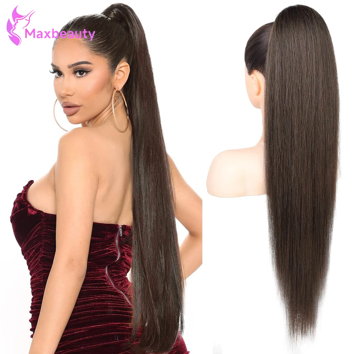 

Прямые накладные хвосты-шиньоны темно-коричневого цвета на шнурке, из натуральных волос, 100 г/шт, цветные # 2 заколки-хвостика для женщин