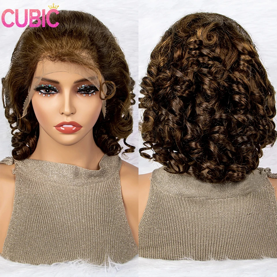 CUBIC-perucas de cabelo humano encaracolado para mulheres, peruca virgem frontal, frente de renda, densidade 250, onda real, destaque, 13x4, primavera