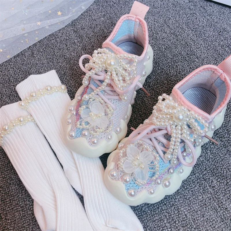 Girls Sneakers 2023 Spring Kids Fashion Brand Sock Shoes Children Running Sports Shoes Breathable Rhinestone Pearl Soft Sole