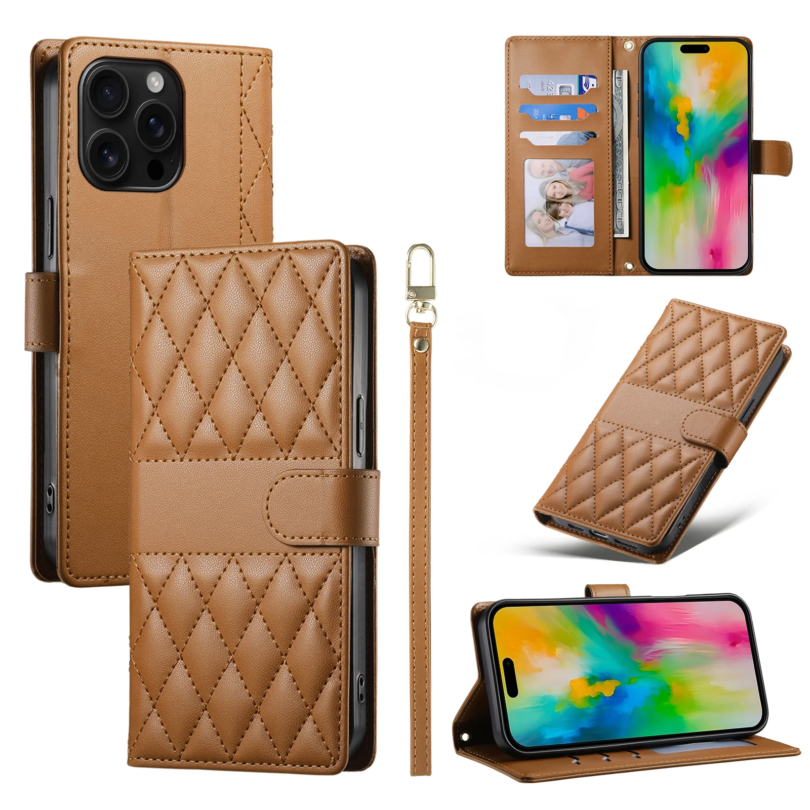 

Кожаный чехол-кошелек для iPhone 16 Pro Max 15 Plus 14 13 12 11 Book Flip с длинным ремешком и ромбовидным ремешком