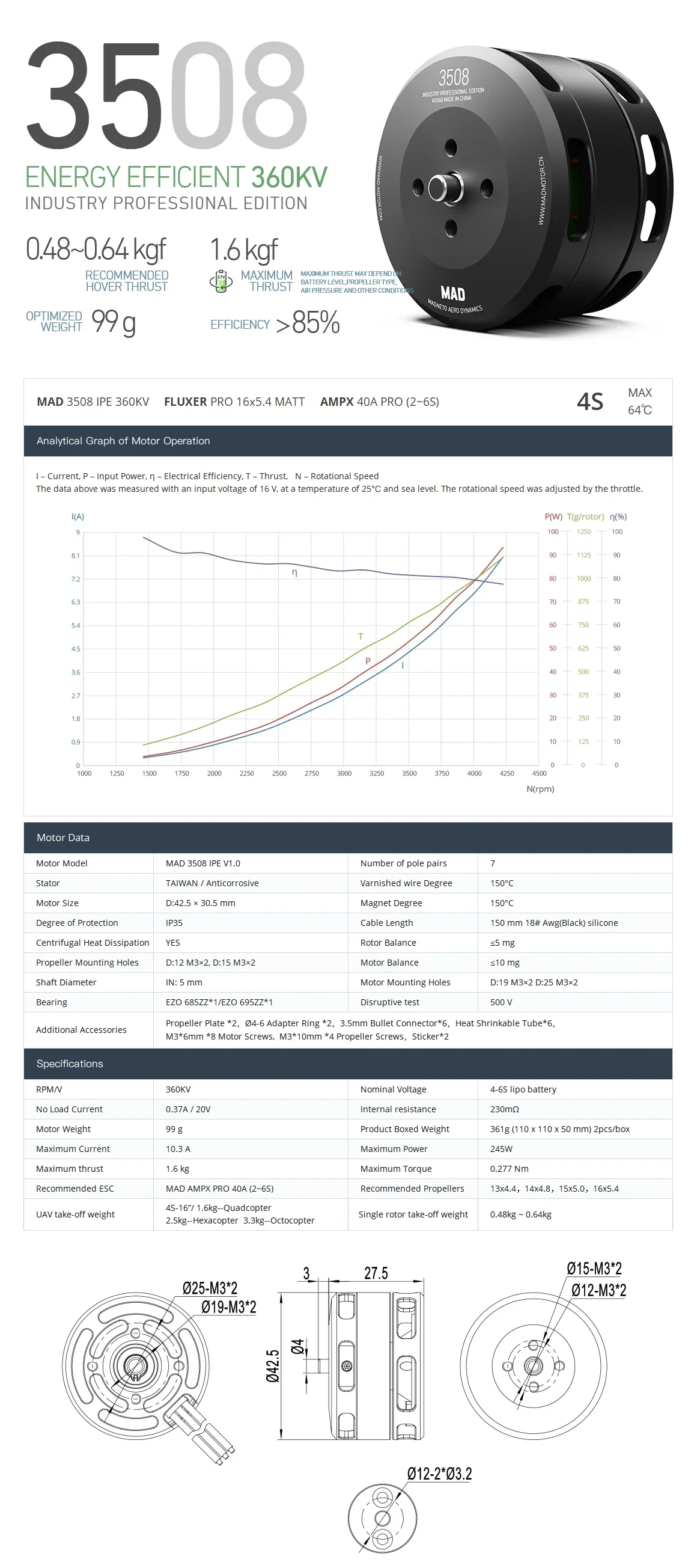 3508 IPE 700 KV 15 V 48 v Borstelloze Motor Elektrische Motor Landbouw Dr-one Motor voor U-AV Dr-one