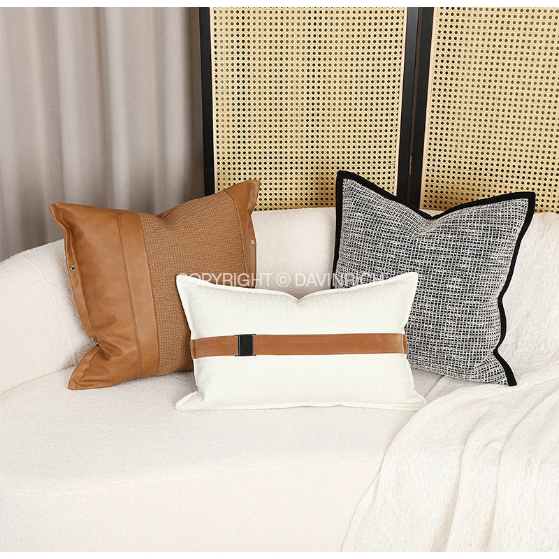 DAVINRICH Modern American Style Cushion Cover Black Beige Grid Geometric Patchwork Pillowcase For Terrace Hotel Villa Decoration