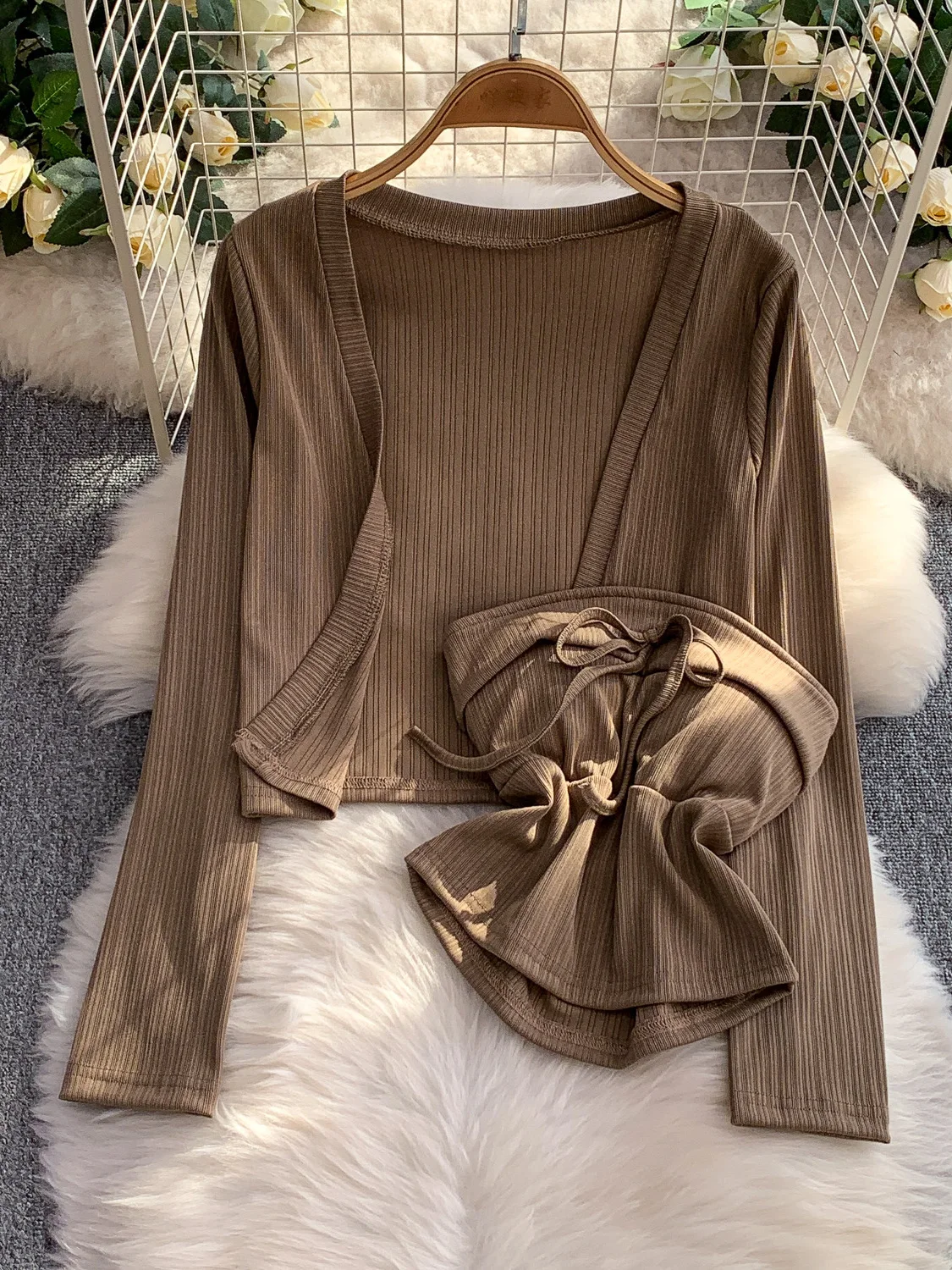 Ice Silk Knitted Open Cardigan + Tube Top Vest Women's Autumn Faion Set ort Sle Base Layer with Chest Pad Casual Wear