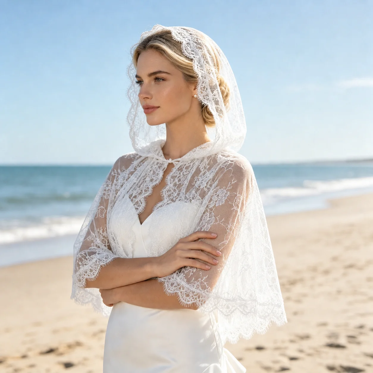 ‌Mantilla Veil Lace Wedding Veil Bride Soft Eyelash Floral Lace Bridal Shawl Capelet 2 in 1 Short Veil for Church Wedding GP45