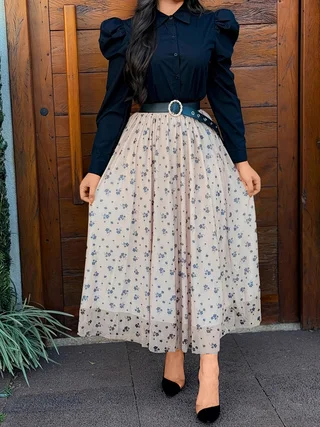 

Plus-size women's French retro floral half skirt High-waist A-line slimming long skirt
