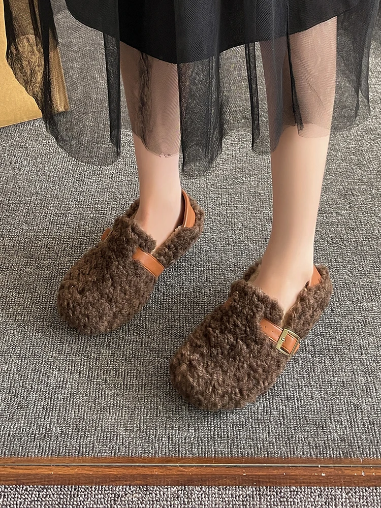 Cover Toe Shoes Woman\'s Slippers Slides Low Flock Loafers Fur Flip Flops 2023 Summer Flat Plush with fur Rubber  Basic