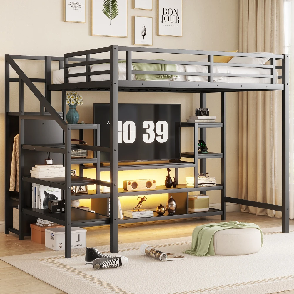 

Full Size Metal Loft Bed with TV Stand, Metal Loft Bed with Staircase and Wardrobe, Kids Full Size Loft Bed, Black