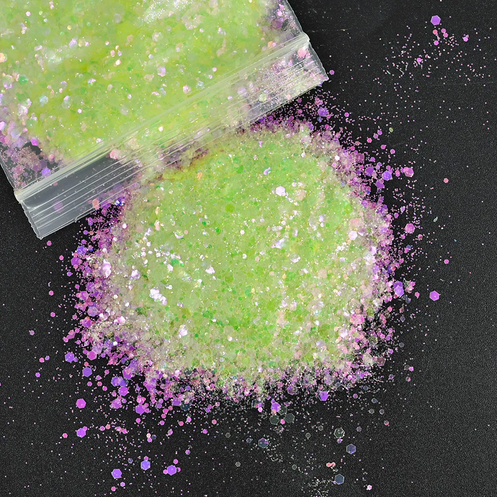 50 グラム/バッグホログラフィックチャンキーグリッターネイルスパンコール 0.2-3 ミリメートル混合サイズ六角グリッターフレークレインボーマーメイドネイルシンフォニースパンコール