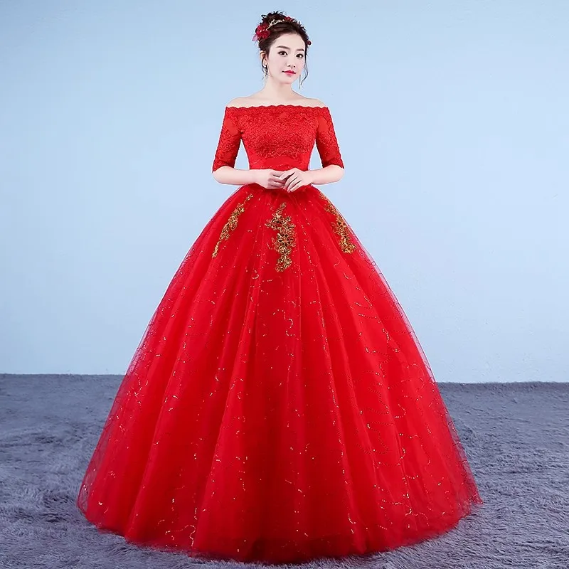 

It's Yiiya Wedding Dress Red Simple Appliques Off the Shoulder Half Sleeve Bling Princess Floor-length Plus size Bride Ball Gown