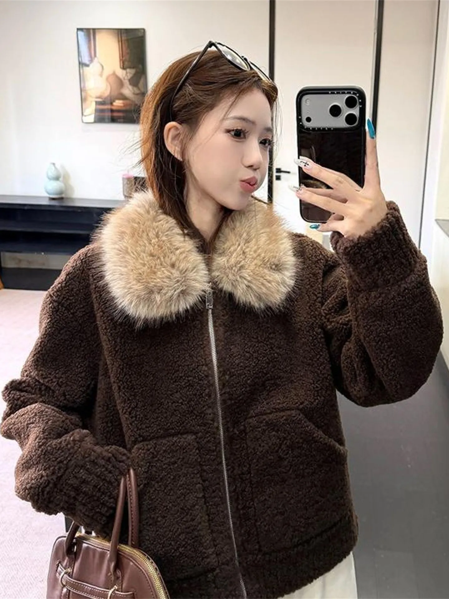

Soft Wind Beige Fur Collar Long Sve Winter Jaet Zipper Casual Korean Sle Women's Coat High Waist Loose Fit Outerwear