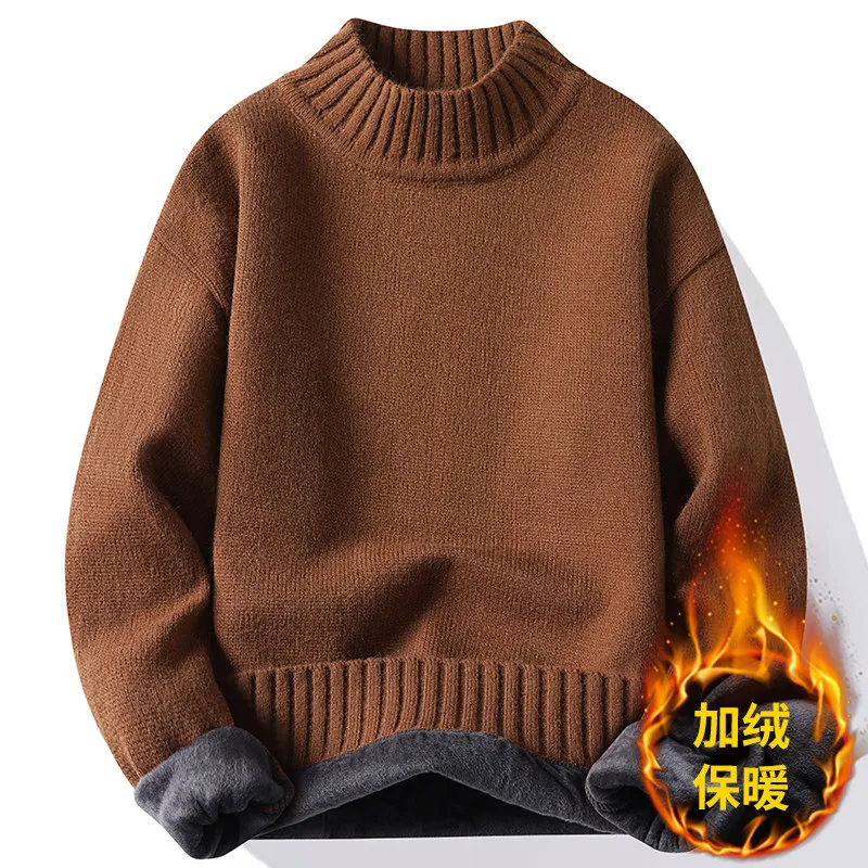 New Winter Men Mock Neck Turtlenecks Pullovers Fleece Warm Knitted Sweaters Good Quality Male Solid Outwear Casual Sweaters 3XL