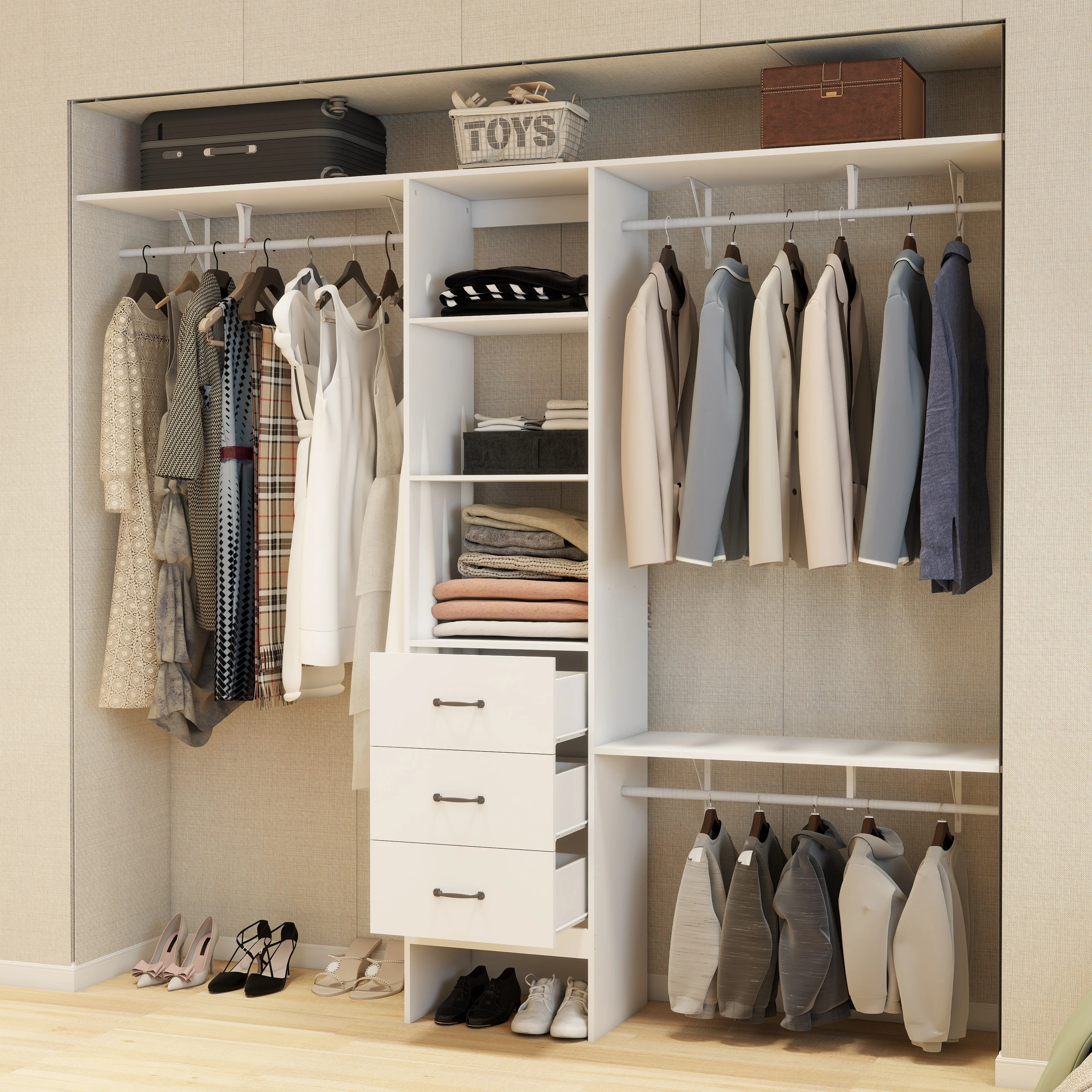 

96 Inches Closet System, 8FT Walk In Closet Organizer with 3 Adjustable Shelves & 3 Expandable Hanger Rods & 3 Drawers,