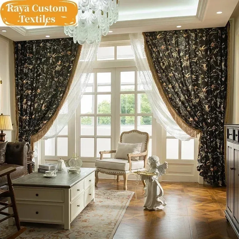 

New French Luxury Black Printed Curtains for Living Dining Room Bedroom Floating Windows Floor-to-ceiling Classic White Tulle
