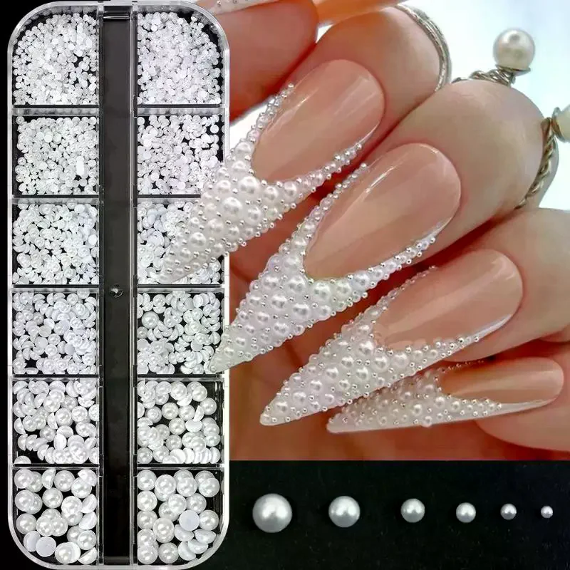 12 Grid Mixed Flat Bottomed Pearl Half Round Rhinestones 3D Nail Decoration Nail Jewelry Nail Charm Manicure Art