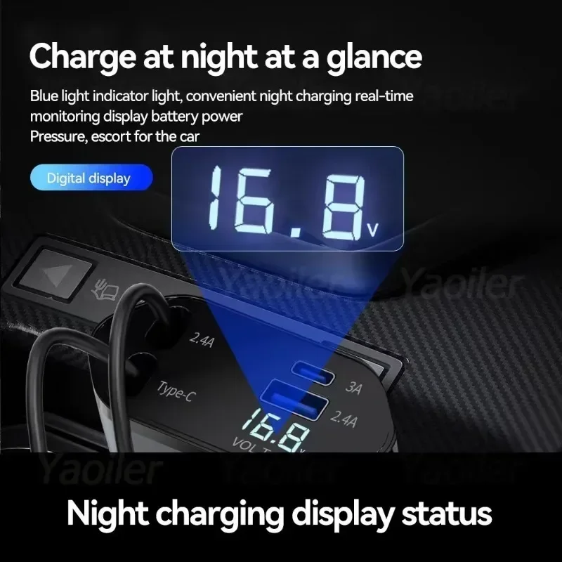 120W Retractable Car Charger with USB Type C Cable 4 in 1 Fast Charging Car Phone Charger For iPhone Samsung Charger Adapter