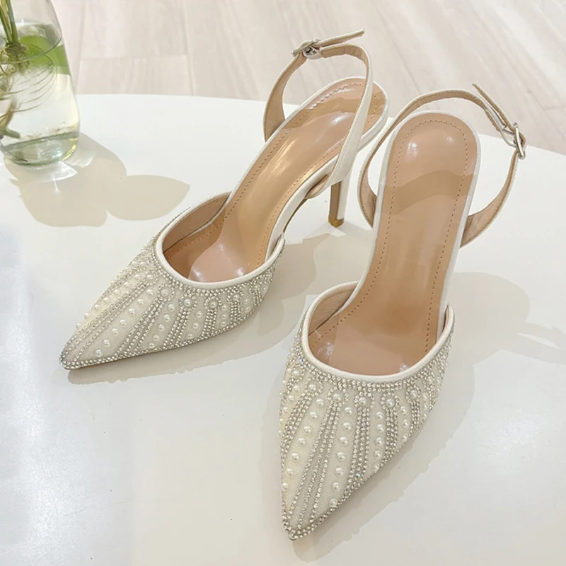 Liyke Fashion Design Crystal Pearl Pointed Toe Slingback Heels Elegant Wedding Party Shoes Fashion Back Buckle Strap Women Pumps