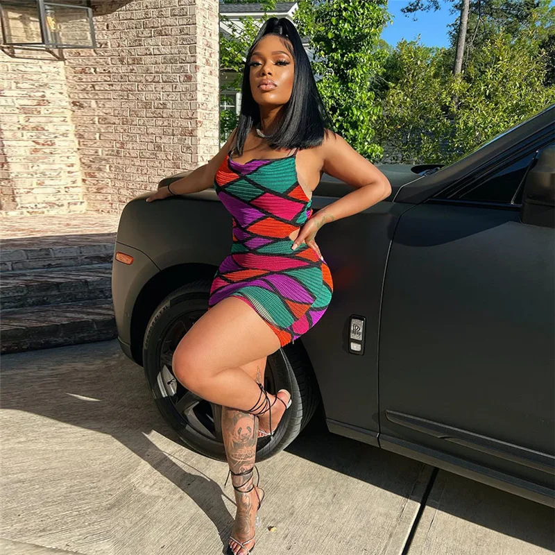 2023 Mesh Multi-Color Patchwork Mini Dress Women Sexy Spaghetti Strap Cut Out See Through Skinny Skirt Attirewear Female Mujer