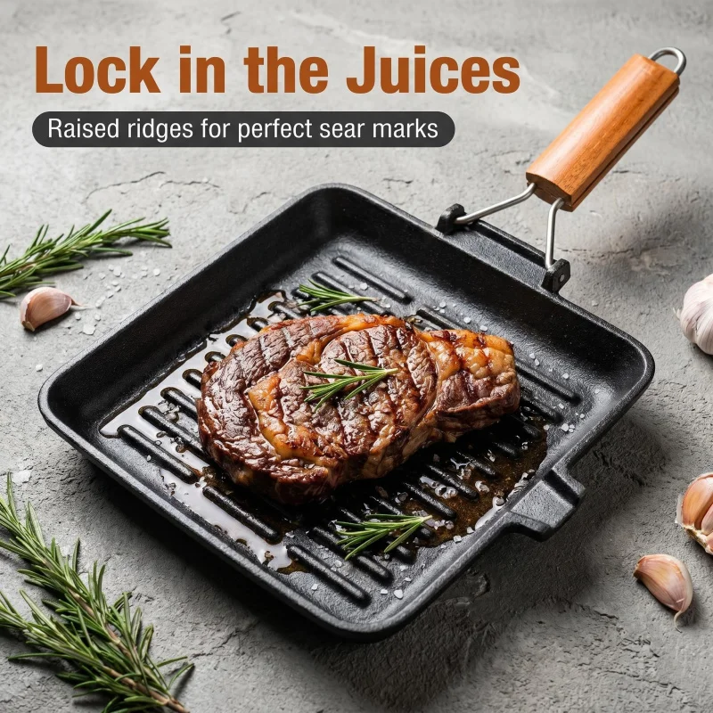 Cast Iron Skillet Square and Round Grilling Pans for Induction Cookers, Universal Use Foldable Wooden Handle Striped Noodle Soup