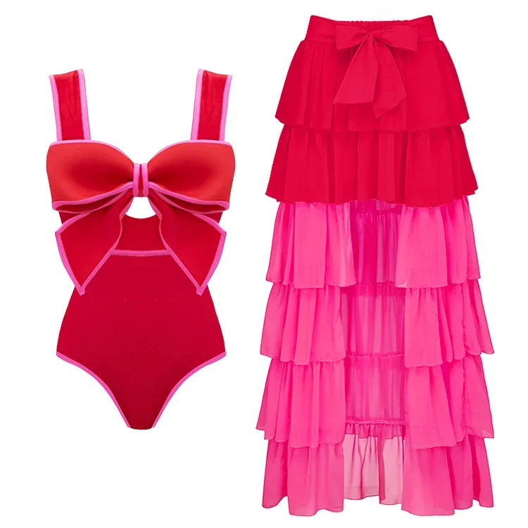 2024 Vintage Swimsuit and Skirt 3D Bow-tie One Piece Swimwear Women Bikini set  Bathing Suit Two-pieces beach dress