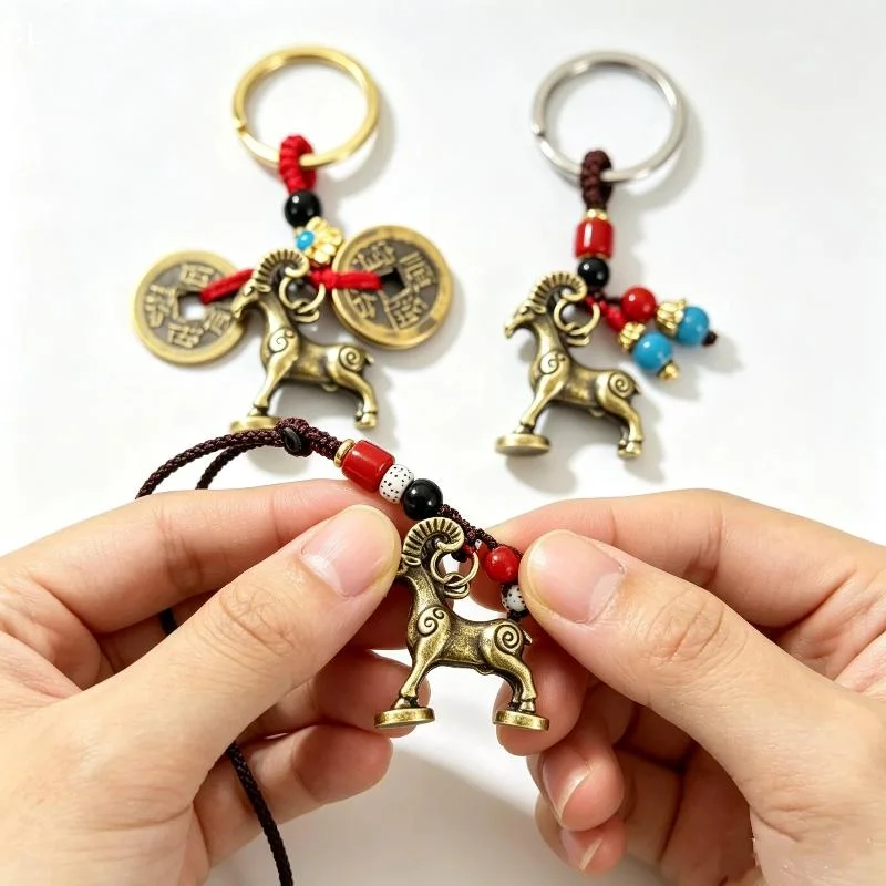 AttireTroveChinese Zodiac Goat Keychain Chinese Five Emperor Coins Lucky Charm Pendant for Car Key Bag Gift