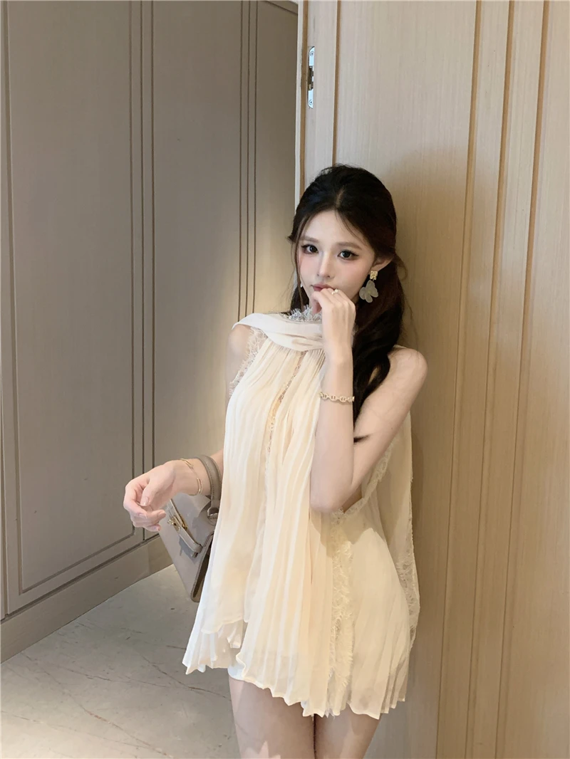 

Pure Desire Super Fairy Lace Splicing Sa Hanging Ne Top Women's Loose Design Sense Chiffon irt Korean Sle Casual Wear