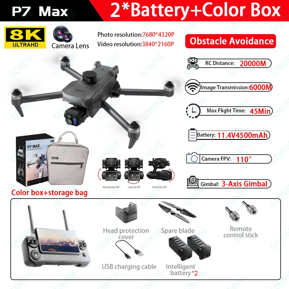Professionele 5,5-inch touchscreen P7 Max GPS-drone met 3-assige gimbal, dubbele EIS en stabiele camera; P7 Max drones met HD-camera, GPS, langeafstands-FPV en luchtdrone-mogelijkheden.
