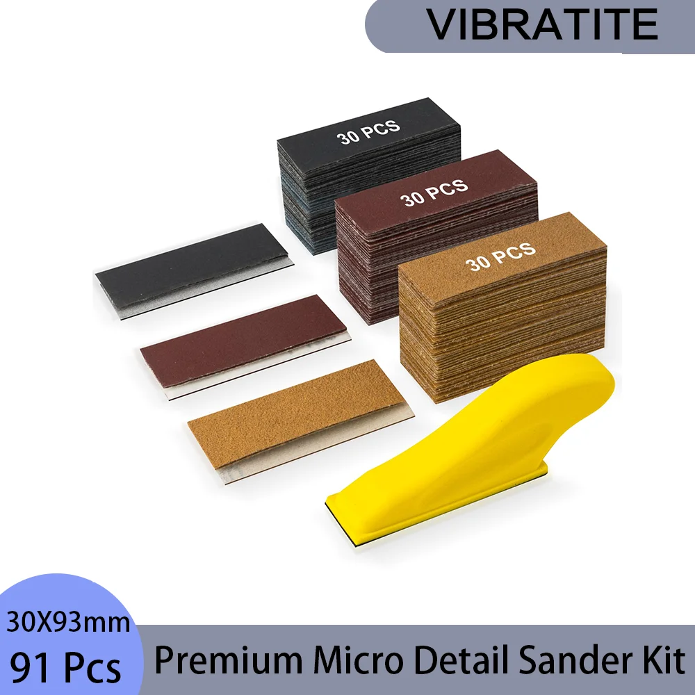 

30X93mm Premium Micro Detail Sander Kit 91 Pcs with Hand Sanding Block Assorted 60-400 Grit Sandpaper for Wood Craft Tight Space