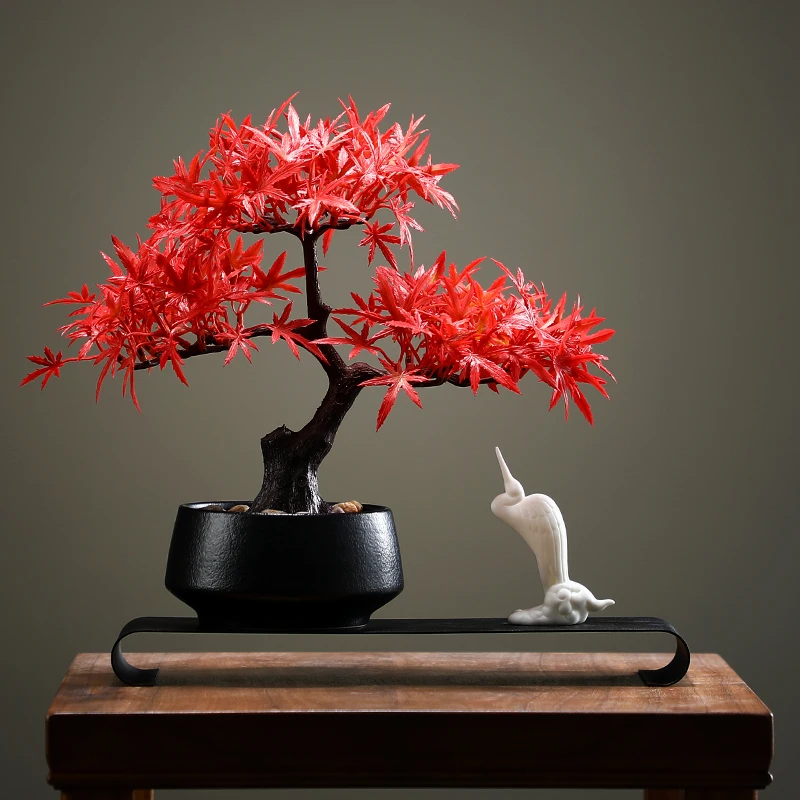 Artificial Flower Bonsai Fake Tree Red Maple Pot Office Vase Decoration Desk Decoration Home Decor