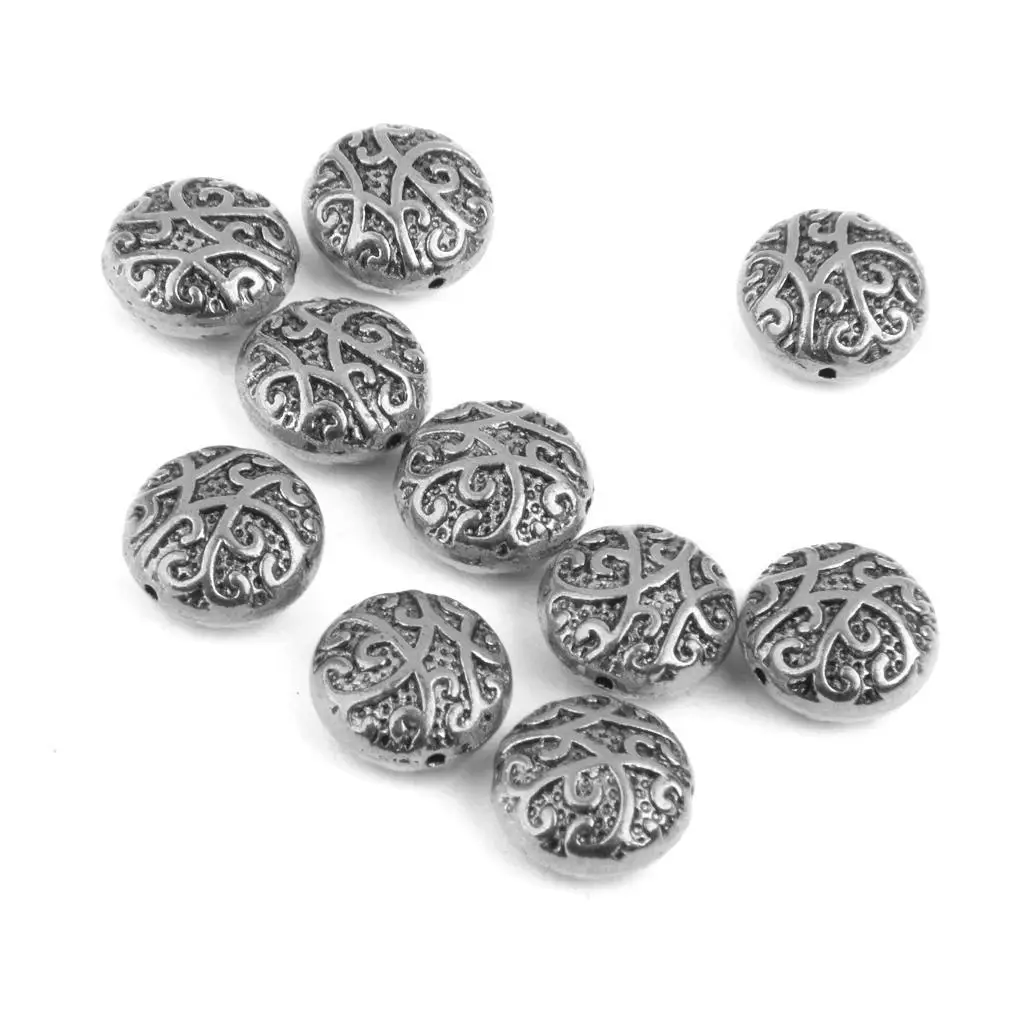 10pc Vintage Style Silver Alloy Charms Carved Spacer Beads for Jewelry Making 14mm