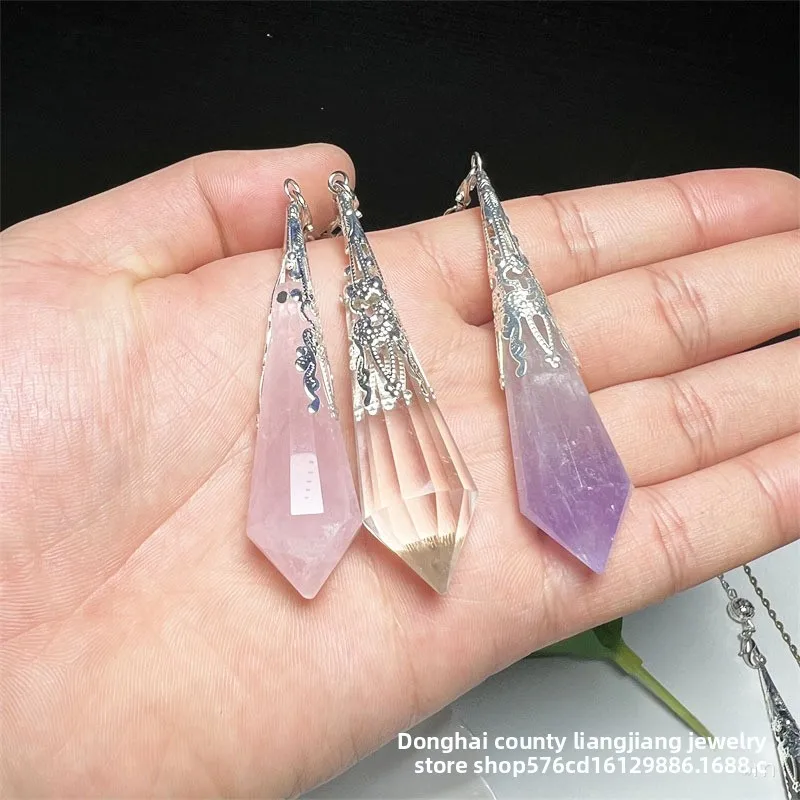 Chinese Style Lucky Blessing Natural Fluorite Rose Quartz Amethyst Crystal Pendulum 5-6cm Single Point Pendant For Meditation