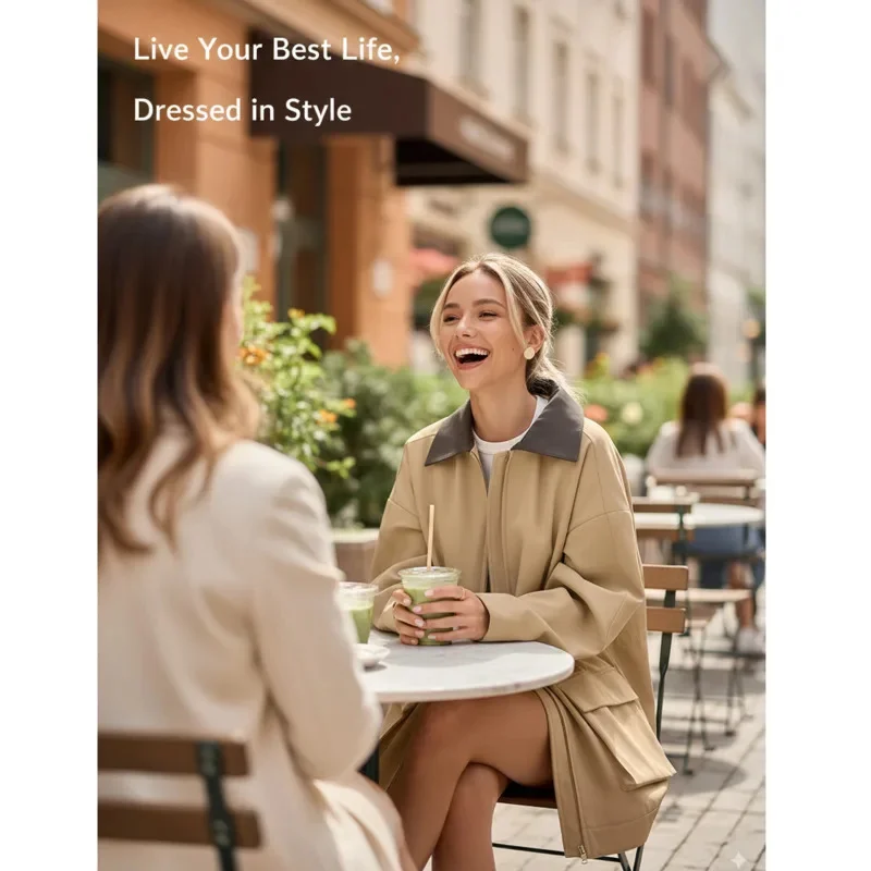 Contrast Lapel Trench Jacket For Women Casual Loose Fit Zip Up Style With Drawstring Waist Functional Pockets Urban Chic Look