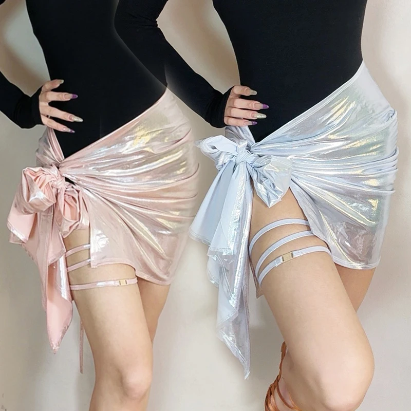 

Silvery One-piece Type Women Latin Dance Shining Skirt Latin Dance Training Clothes Adult Lady Samba Performance Skirt XH2415
