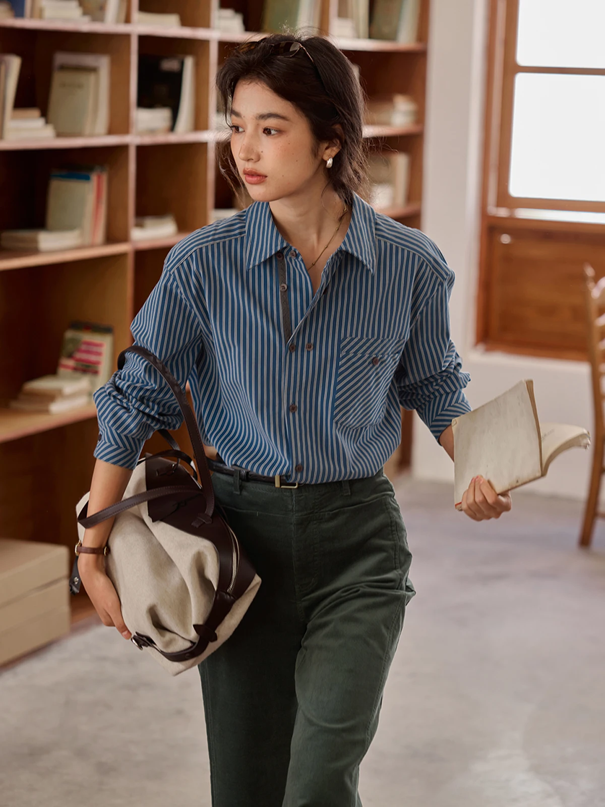 

Solighter, винтажный полосатый женский топ Long Sve irt, свободный хлопковый топ в пол, осень 2021, новинка Sle Commute Faion