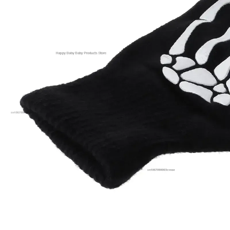 1pair New 5-11T Kids Halloween Skeleton Skull Half Finger Luminous Punk Gloves Winter Skull Fingerless Black Mitten