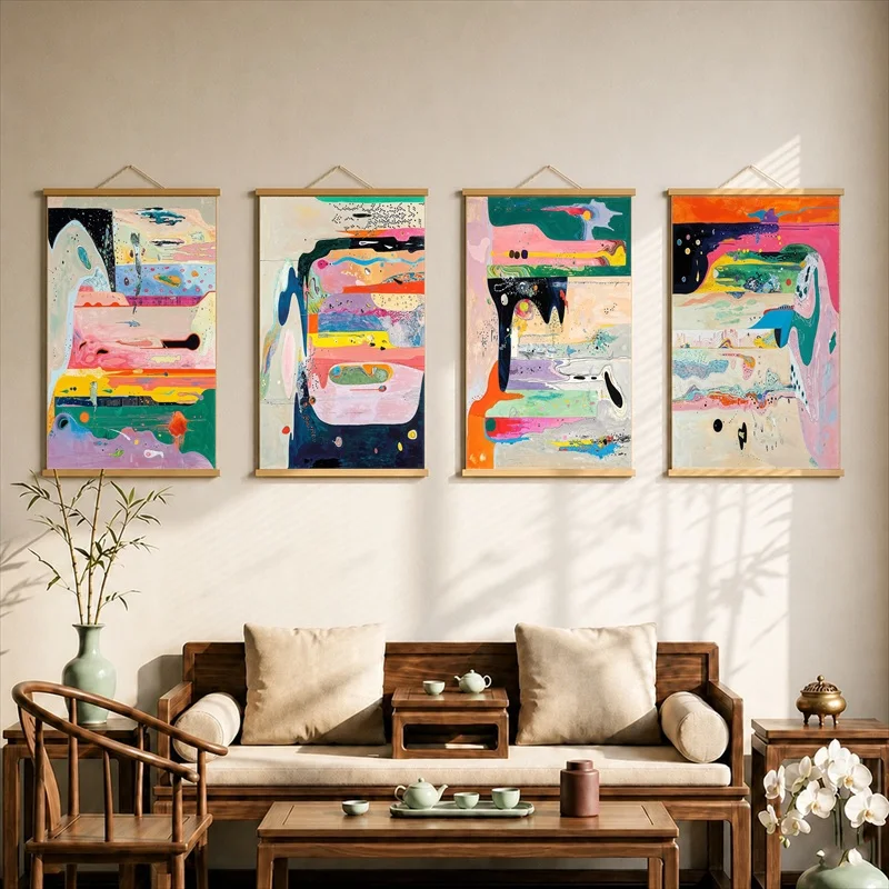 Wall Decor Colorful Layered Figures and Graphic Shapes, Modern Abstract Pearlescent Canvas Hanging Scroll for Creative Studio
