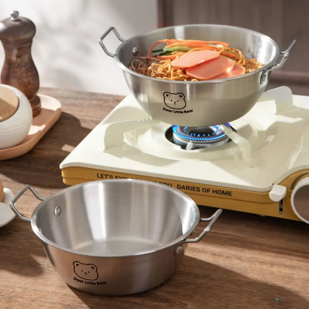 Cuenco de fideos coreano con diseño de oso duradero, ensaladera de acero inoxidable 304 a prueba de golpes, cacerola de Paella doble/single mango para Picnic