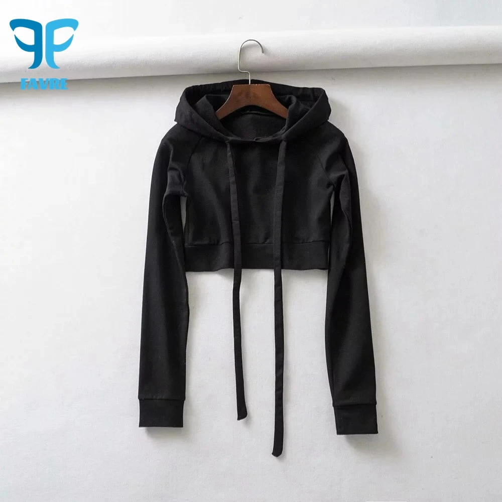 

FAVRE Simple Solid Sweatshirts Womens Long-drawstring Pullovers Spring Autumn Hoodies Europe and America Ins Casual Crop Tops