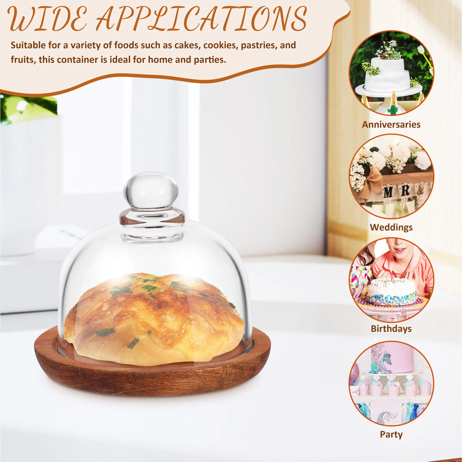 2Pcs Functional Glass Cake Stand with Wooden Base Dome Cover for Butter Dessert Fruit Display Sturdy Break Resistant Cake