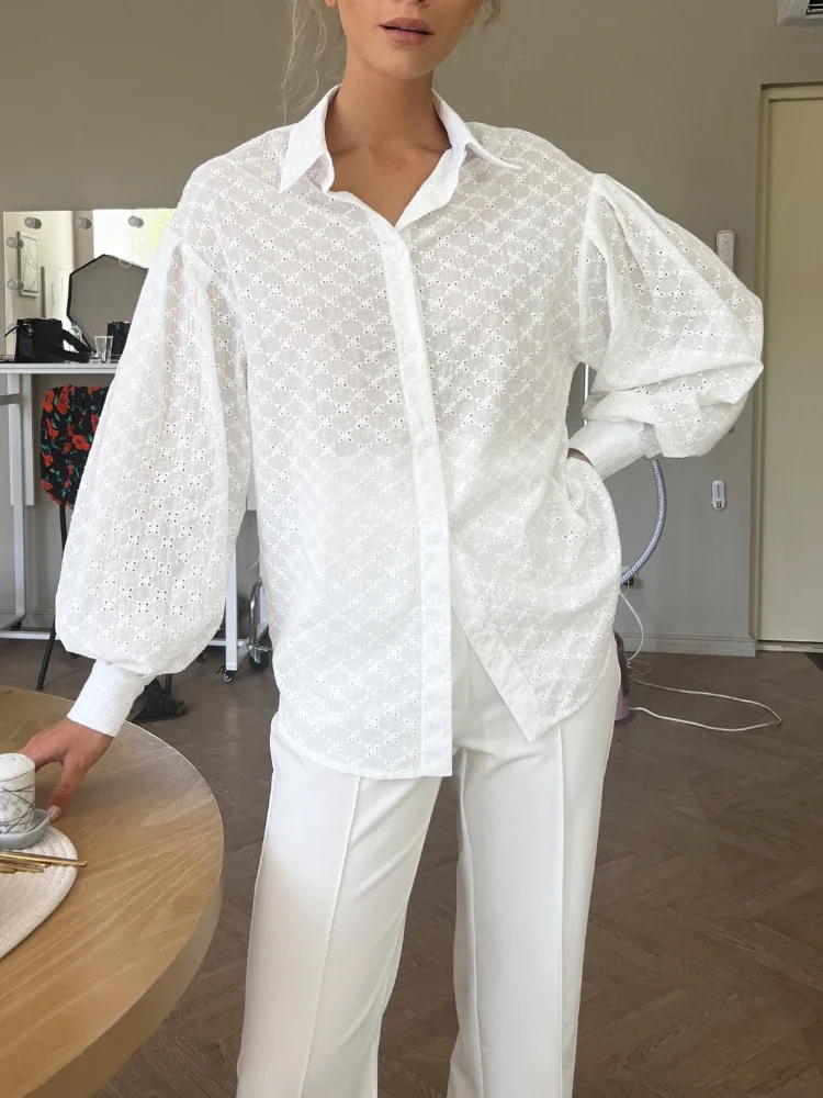 Bornladies 100% Cotton White Shirt for Women Vintage Hollow-out Jacquard Shirt Chic Lantern Sleeve Loose Blouse Blusa Feminina