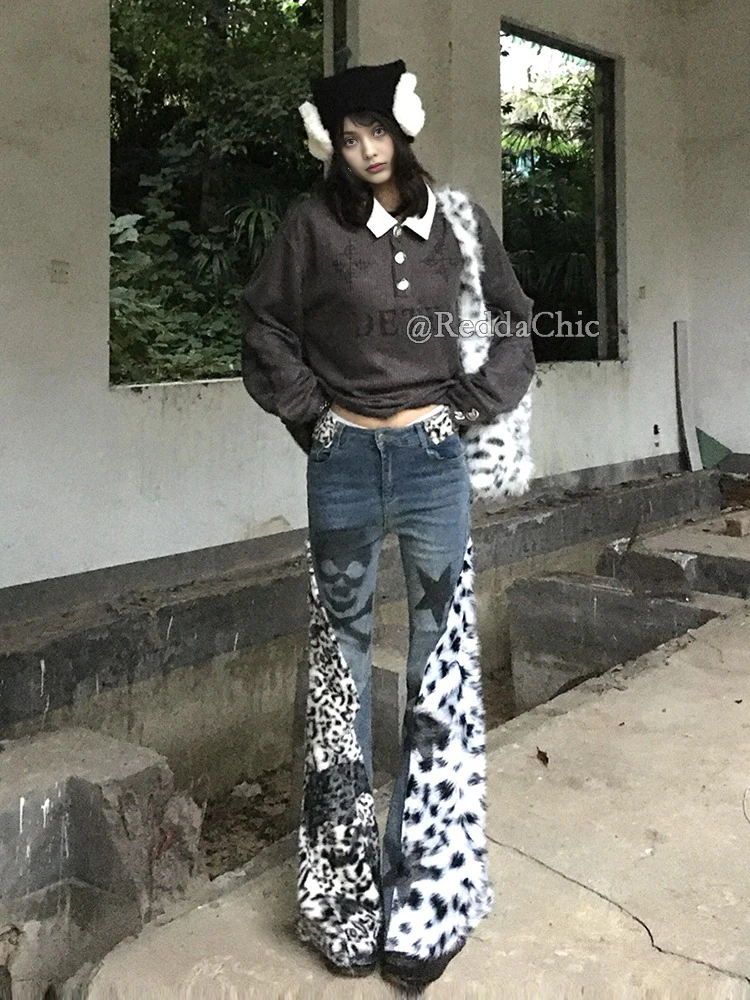 REDDACHiC Faux Fur Women\'s Boot Cut Pants Fuzzy Grayu Y2k Vintage Washed Slim Fit Patchwork Flared Trousers Harajuku Streetwear