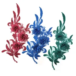 1 Pair Flower Applique Patch Sew On Wedding Blue Embroidery Patches For Clothing Dress