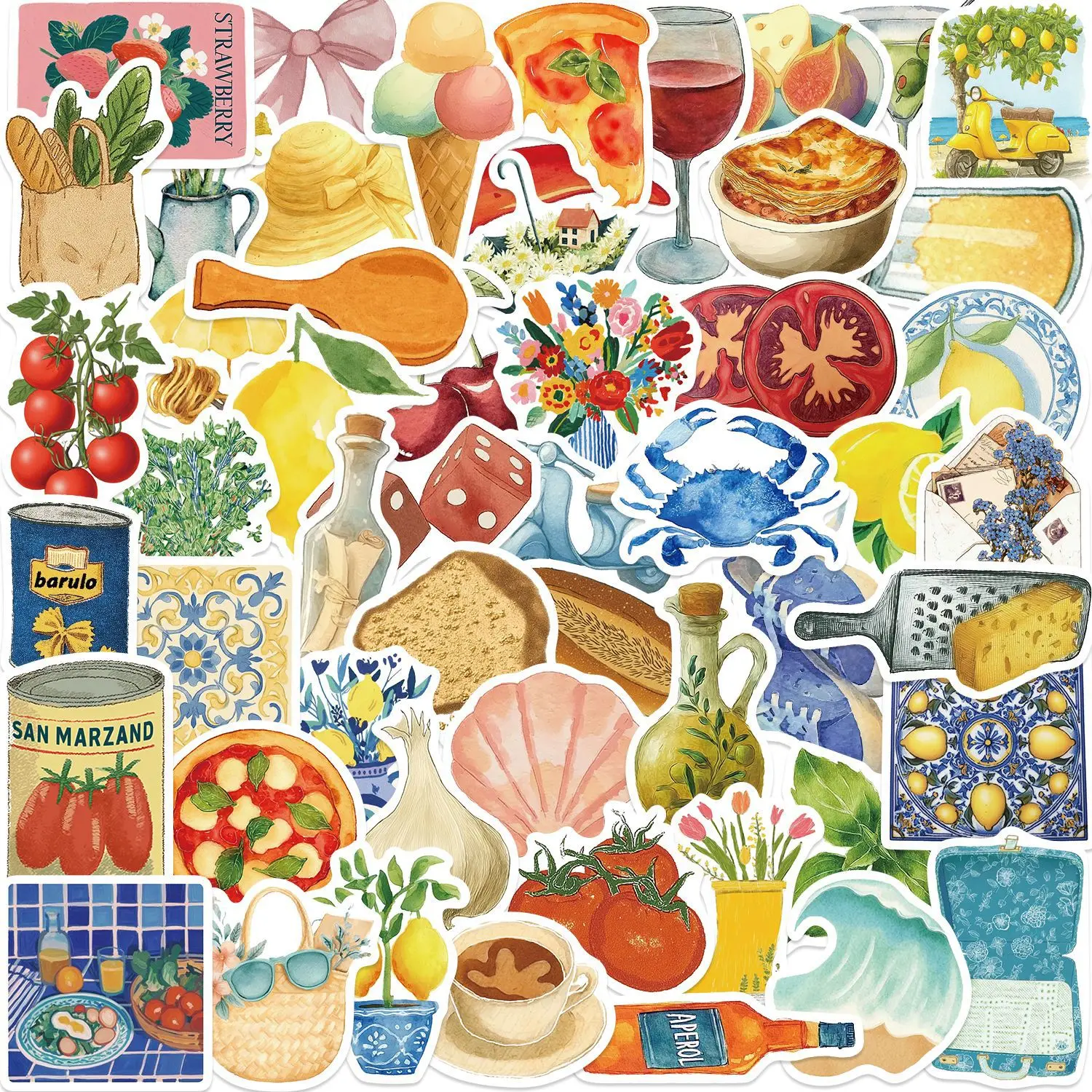 

54PCS Cartoon Aesthetics Mediterranean Food Stickers Vintage Style Fruit Foods Sticker DIY Laptop Luggage Scrapbook Skateboard