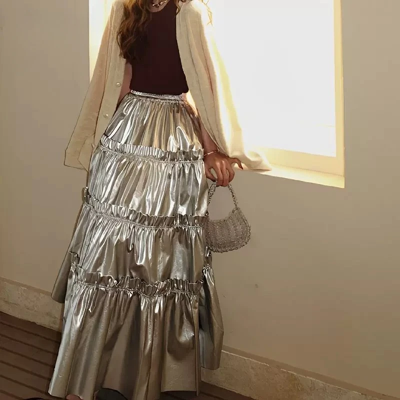 Suninheart Summer 2023 New Women\'s Silver Metal Texture Medium Length Skirts High Waist A-Line Slim Large Skirt Hem Cake Skirt